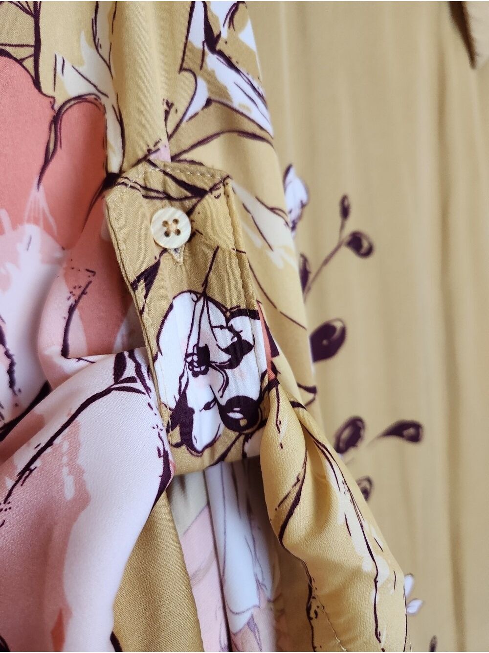 RACHEL ZOE FLORAL BUTTON FRONT TAB SLEEVE BLOUSE MUSTARD PINK LARGE LIKE NEW! - Picture 5 of 6